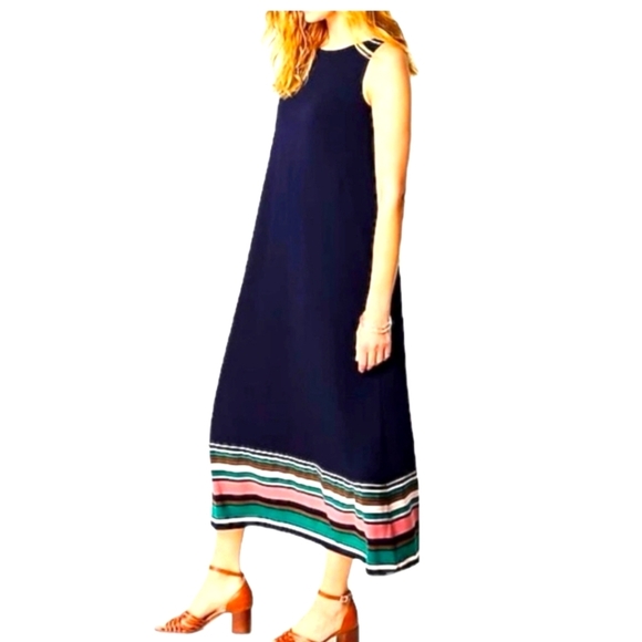 J.JILL NAVY BLUE SLEEVELSS MAXI DRESS WITH STRIPED BORDER &  SASH. SIZE XL. - Picture 1 of 11